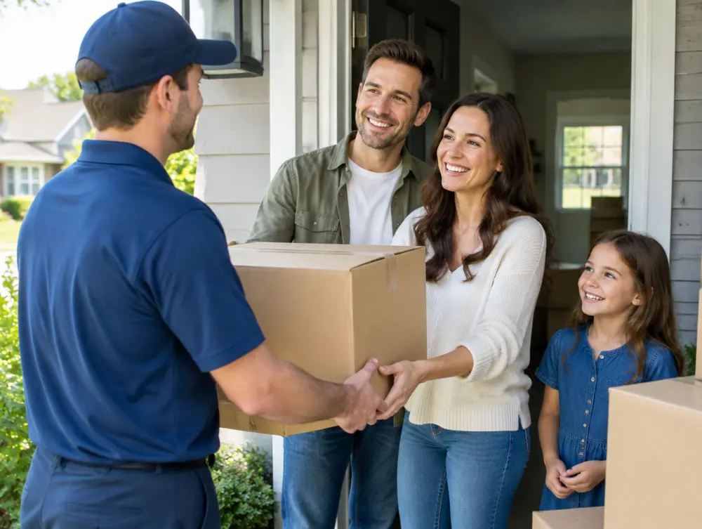 Mover handing a box to a family at their new home