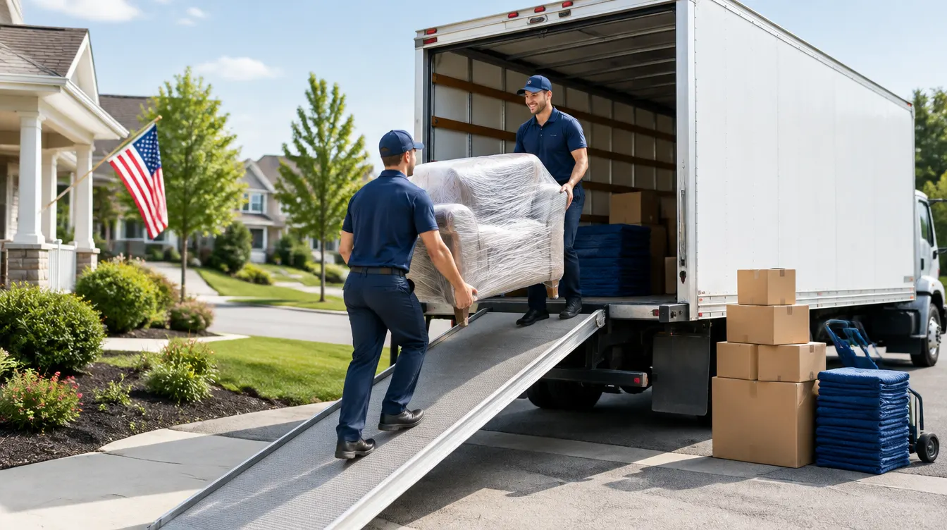 Movers loading a wrapped armchair onto a moving truck