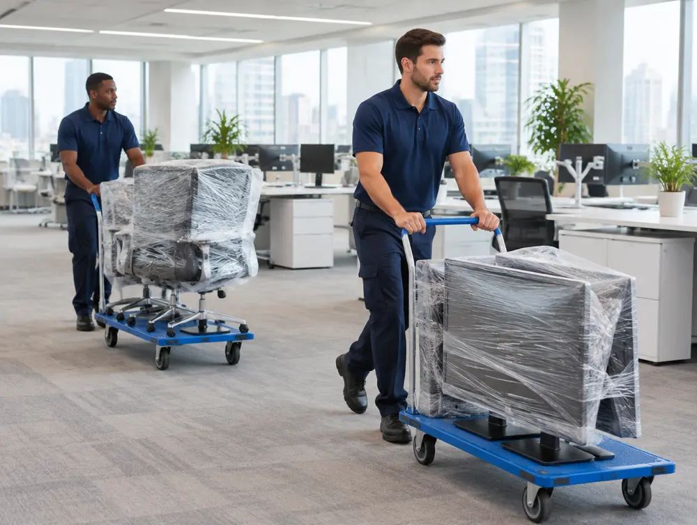 Movers wheeling office equipment through a modern office