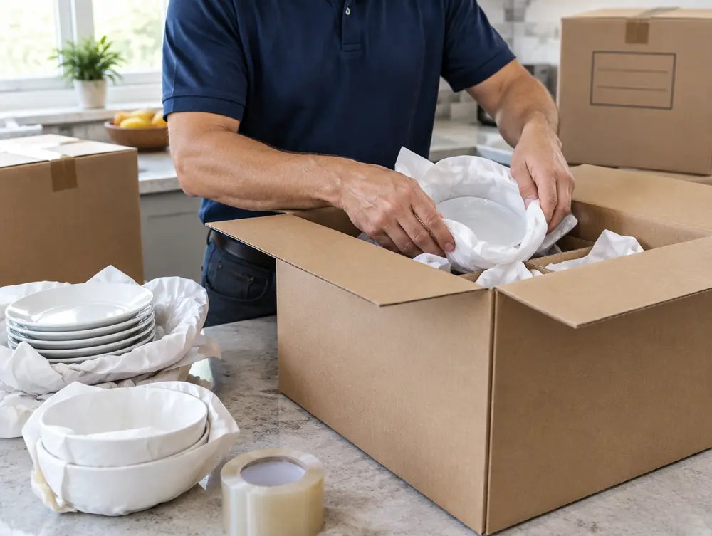 Mover wrapping dishes in packing paper