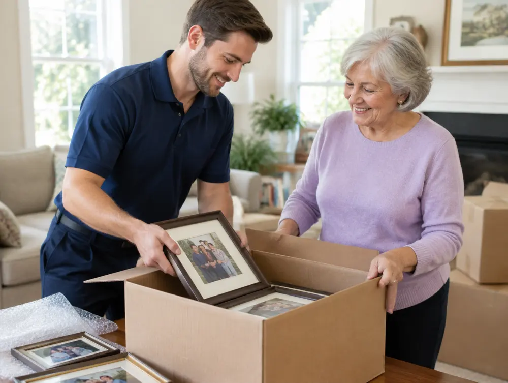 Mover helping a senior woman pack family photos